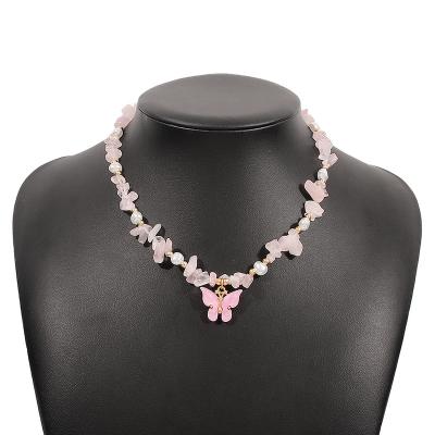 China Trendy Nature Stone Resin Clavicle Beaded Necklace Chain Fashionable Women Bead Butterfly Necklaces for sale