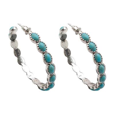 China TRENDY fashion design exaggerated C to shape turquoise inlaid earrings circle silver circle women earrings for sale