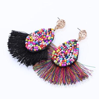 China BOHIME overstated hand - woven seed rainbow cotton tassel fan woven pearl braided earrings for sale