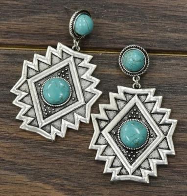 China FASHIONABLE Retro Style Diamond Turquoise Stone Silver Geometric Stud Earrings 2023 Women Jewelry Stud Earrings for sale