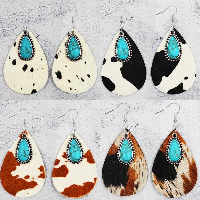 China New Fashionable western style cowhide cowhide earring turquoise water drop genuine leather earrings for sale