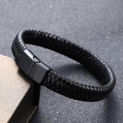 China Fashion Trendy Handmade Jewelry Bracelet Custom Vintage Stainless Lock Braided Mens Leather Bracelets for sale