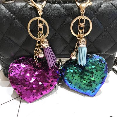 China Daily Life Heart Shape Rainbow Key Chain Cute Colorful Shiny Sequins Women Bag Decoration Tassel Key Chain for sale