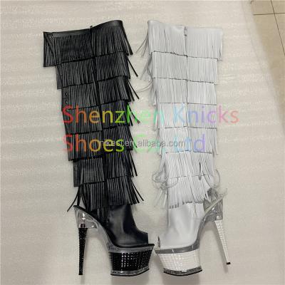 China Size Increasing Black And White Tassel Boots Super High Heel Diamond Tassel Boot for sale