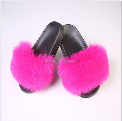 China Anti-odor Hot Sale Ladies Raccoon Fur Slippers Cheap Fox Fur Slide for sale