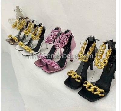 China Size increasing 2021 new women's square head SANDALS ROMAN thin heel sandals high heels with metal chain for sale