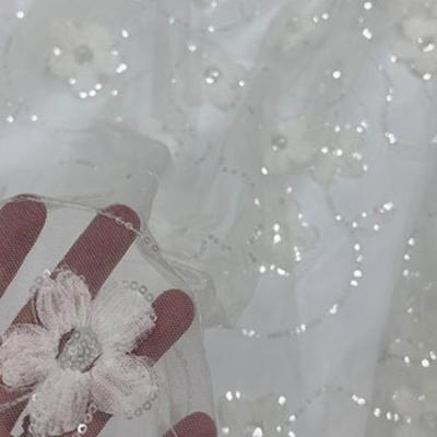 China white bridal floral 3D flower lace sequins fabric 3d mesh embroidery sequin fabrics for sale