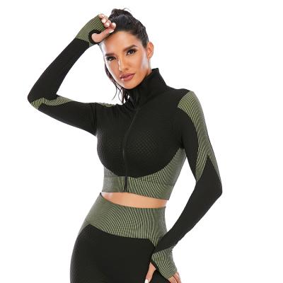 China Breathable Women Crop Top Sports Bra Workout Leggings And Apparel Seamless 2 Piece Yoga Set With Zipper for sale