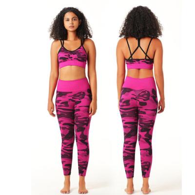 China Breathable Camouflage Yoga Clothing Suit Female Two-piece Hip Pants Sports Underwear Bra Set for sale