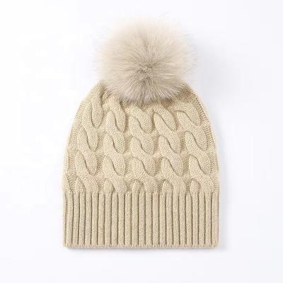 China Fashion\comfortable\durable High-grade ladies pure cashmere knit hat autumn and winter thick warm fox hairball twisted ribbed hat custom for sale