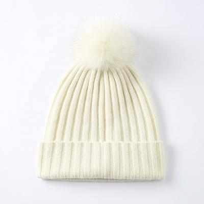 China Fashion\comfortable\durable High quality knitted pure cashmere hat Ladies Adult pit strip ribbed warm fox Pom plush wool hat for sale