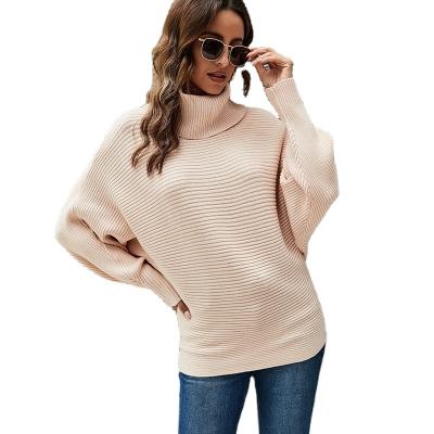 China Anti-wrinkle Fashionable Bat-sleeve turtleneck warm sweater Autumn/Winter horizontal stripes solid color women's knit top loose jumper for sale