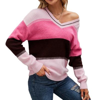 China Anti-pilling Women's V-neck color sweater fall/winter casual color patchwork top loose fashion knit for sale