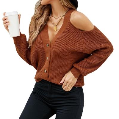 China Anti-wrinkle Women's fashion sexy sweater autumn/winter V-neck off-the-shoulder knit top breasted cardigan customization for sale