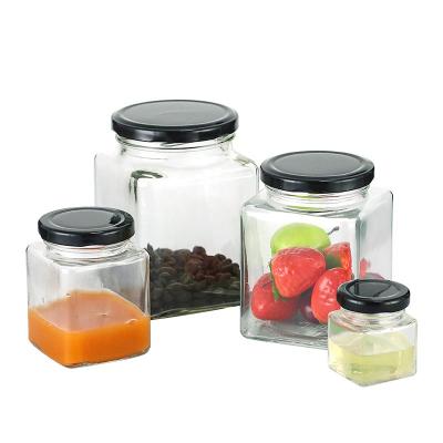 China Wholesale 50 100 200 Food Storage, 280 380 500 730ml Square Honey Jam Sauce Jar Storage Bottle and Clear Glass Jars Supplier for sale