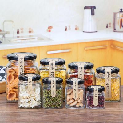 China Wholesale Clear Glass Honey Fruit Storage Bottle Mini Square Empty Jam Jar Food Sealer With Metal Lid for sale