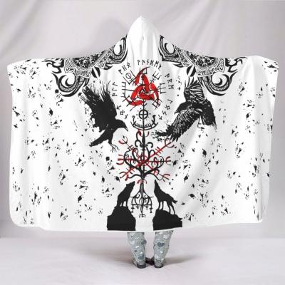 China 2021 New Style Vikings PORTABLE Tattoo Hooded Soft Fleece Hooded Blanket For Adults for sale