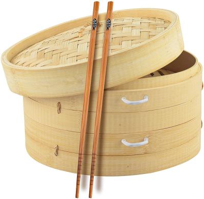 China 10 Inch Stocked Traditional Handmade Natural Bamboo Steamer Basket 2 Tier Cooker For Vegetables Meat for sale