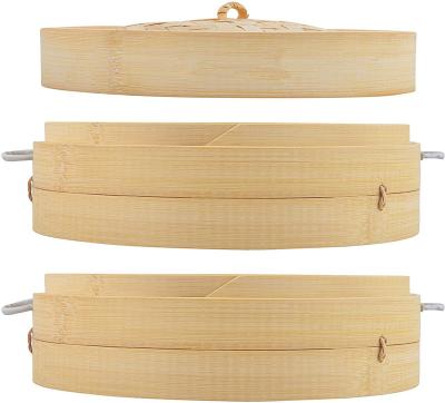 China Natural Bamboo Stocked Steamer 2 Baskets Side Handles 2 Tiers Cooker For High Quality Vegetables Meat for sale