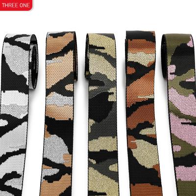 China Viable gold 38mm nylon ribbon and jacquard thread belt jacquard thread belt 3.8cm camouflage belt bag silver wide web for sale