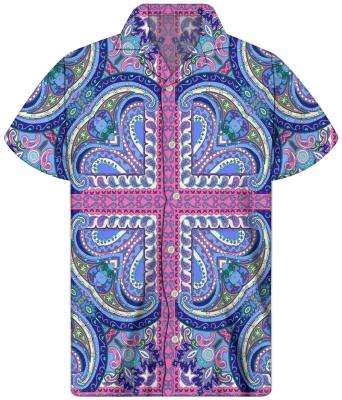 China Anti-pilling European Hot Selling Aloha Bandana Printing Streetwear Pink Button Shirt Short Sleeve Baroque Style Men Up Shirts Formal Shirts for sale