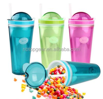 China Classic 16OZ 2 in 1 Double Wall Snack & Drink Plastic Cup / Plastic Tumbler With High Dome Lid for sale