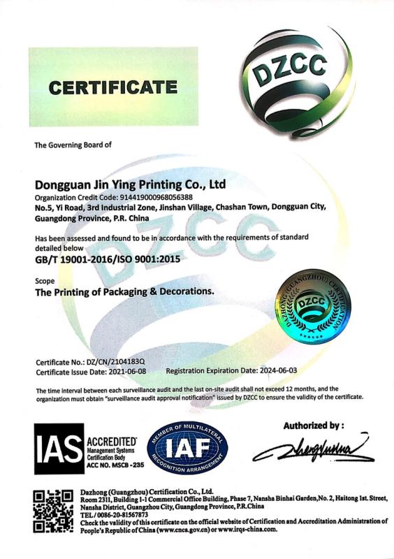 ISO9001 - Dongguan Jin Ying Printing Co., Ltd.