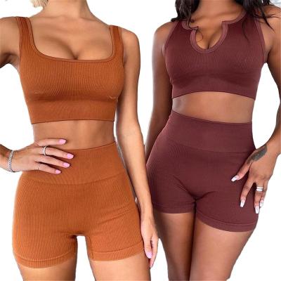 China Breathable Custom Work Out Sports Yoga Waist Sportswear Women Seamless Knitted Suit Sleeveless Wear Leggings Gym Fitness Crop Bra Top for sale