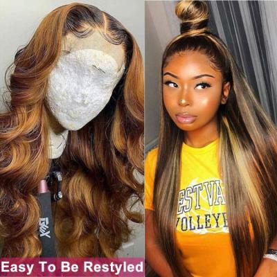 China 4/27 Color 4*4 Deep Natural Lace Wig Highlight Piano Wave Virgin Silky Cuticle Aligned Brazilian Hair Wig For Black Woman for sale