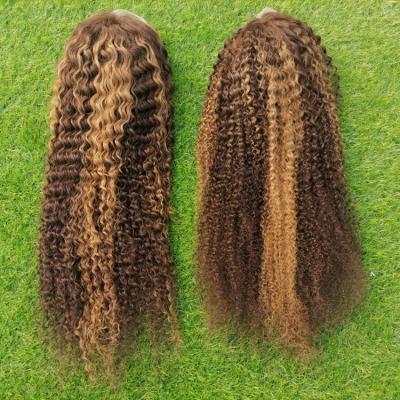 China Virgin Piano Wave Highlight 4/27 Deep Curly Curly Frontal Wig Color Silky Cuticle Aligned Brazilian Hair Wig For Black Woman for sale