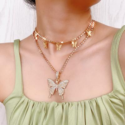 China 2021 FASHION Luxury Crystal Butterfly Pendant Necklace Set 18k Gold Link Necklace Bling Hip Hop Cuban Gift Jewelry for sale