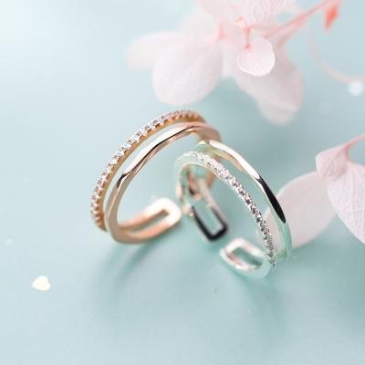 China Fashionable 925 Sterling Silver Double Layer Diamond Ring Adjustable Open Ring Jewelry Women for sale