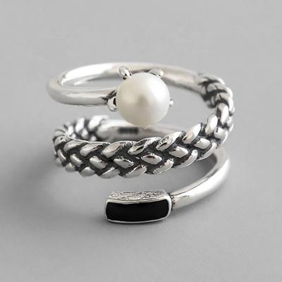 China Trendy Retro Fashion Finger Decoration of Sterling Silver Open Women Pearl Ring Gorgeous Nostalgia Designer Minimalism 925 Jewelry for sale