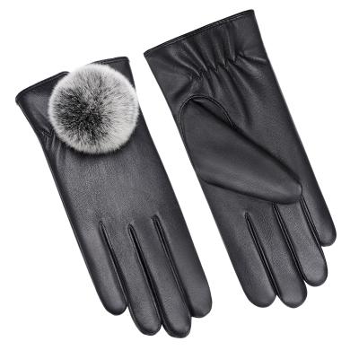 China Handsome Fashion Winter Dress Touch Screen Rabbit Fur Ladies Faux Fur Fleece PU Leather Gloves for sale