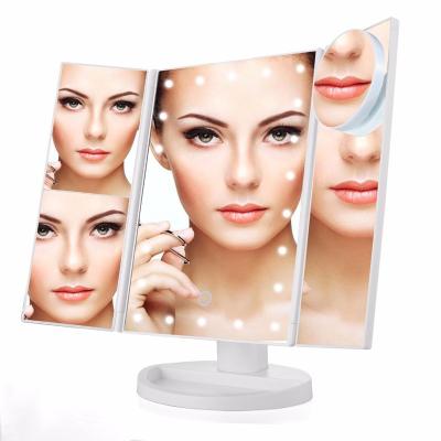 China Triple Lighted Vanity Makeup Mirror With 10x 3x 2x Magnification 22 LED Light And Free Rotation Countertop Cosmetic Mirror for sale