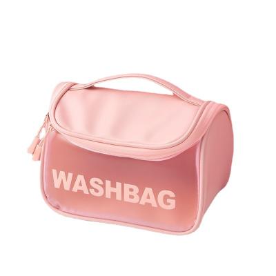 China Lady Custom Logo Pink PU PVC Large Capacity Cosmetic Organizer Wash Makeup Travel Waterproof Bath Bag for sale