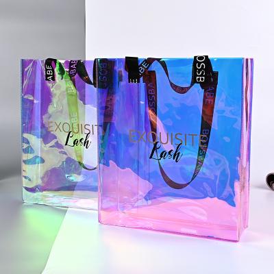 China Nylon Black Logo Printed Holographic PVC Laser Handle Tote Custom Gift Travel Shopping Tote Bag for sale