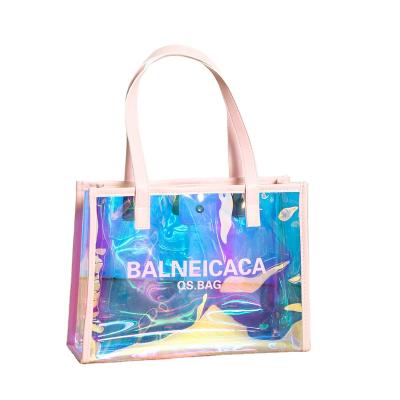 China Tote Custom Gift Fashion Beach Travel Tote PVC Handle Logo Printed Clear Leather Shopping Bag for sale