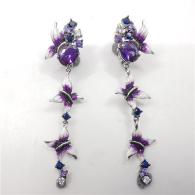 China Hot Casual/Sporty Ear Ring Butterfly Spinel Amethyst CZ 925 Sterling Silver Stud Dangle Earrings Fashion Wedding Party Jewelry Girls For Women for sale