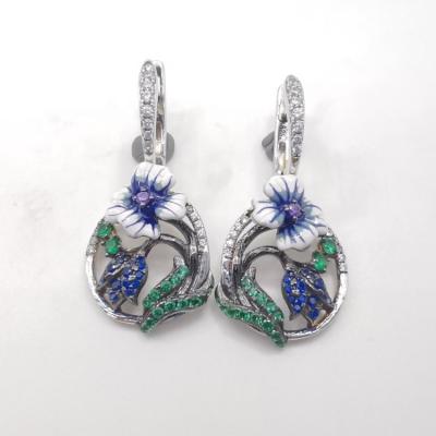 China Casual/Sporty Gold Nano Corundum CZ Enamel Flower 925 Sterling Silver Clip On Earrings for sale