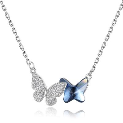 China Trendy Quality S925 Sterling Silver Blue Butterfly Chain Necklace Women Fashion Jewelry Waist Crystal Clavicle Pendant for sale