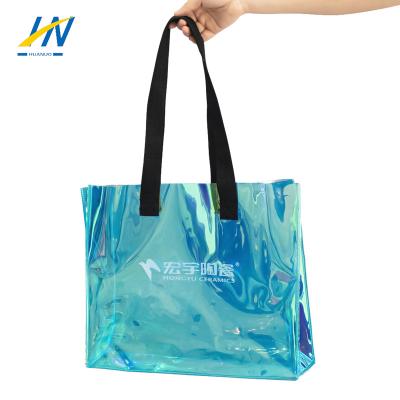 China Clear Transparent Laser Tote Bag With Webbing Handle Summer Waterproof Beach Rope Handle Large Capacity Clear PVC Hologram Tote Bag for sale