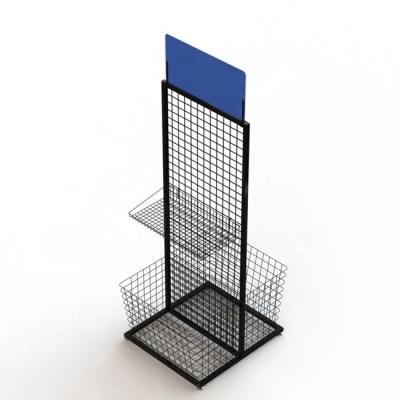 China Morden Black Customized Double Sides Hooks Grid Wall Metal Display Racks With Shelves And Basket for sale