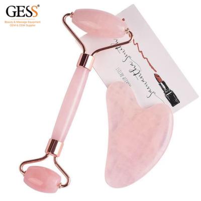 China Whitening GESS Rose Quartz Roller And Guasha Set White Jade Gua Sha Tools for sale