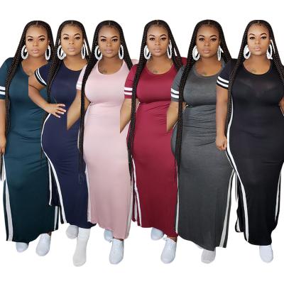 China Amazon Sustainable Matching-Color Shortsleeve Long Tight Split Plus-Size Women's Dress for sale