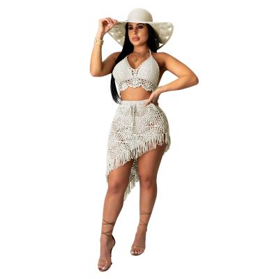 China Breathable Halter Backless Crop Two Piece Women Summer Beach Skirt Top Set for sale