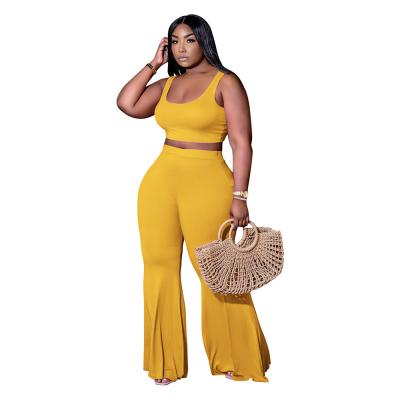 China Plus Size 2021 Summer Women's Fashion Solid Color Vest Two-Piece Suit Sleeveless Bell Bottom Pants Suit for sale