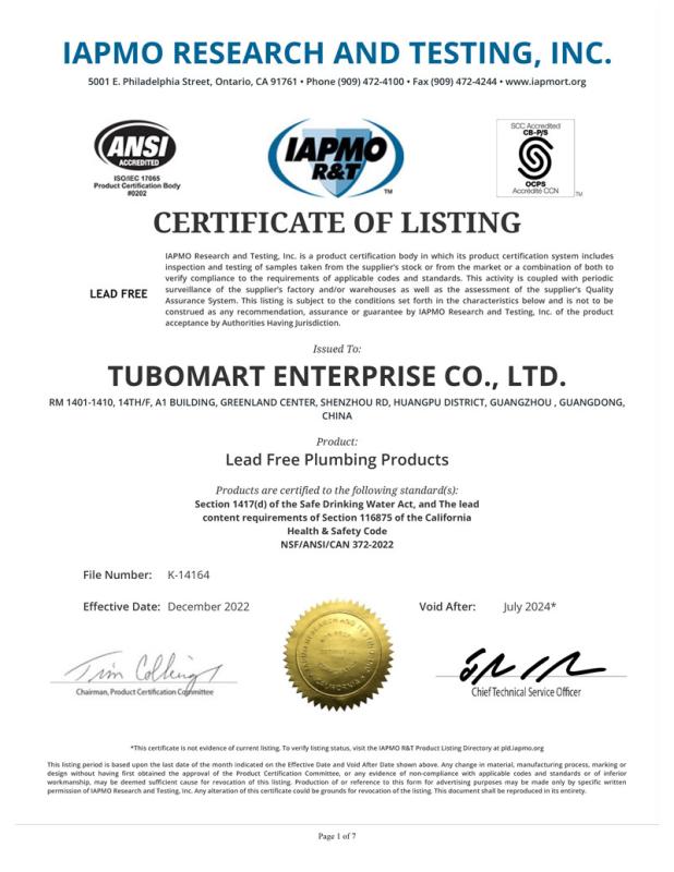 IAPMO - TUBOMART ENTERPRISE CO., LTD.