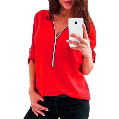 China New Breathable Blouse Women Tops Fashion Amazon Shirts Solid V Neckline Model for sale