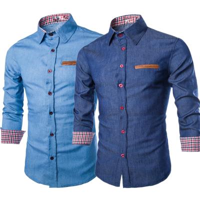 China Anti-pilling men's denim shirt European and American slim sleeve fashion contrast leather shirt for sale